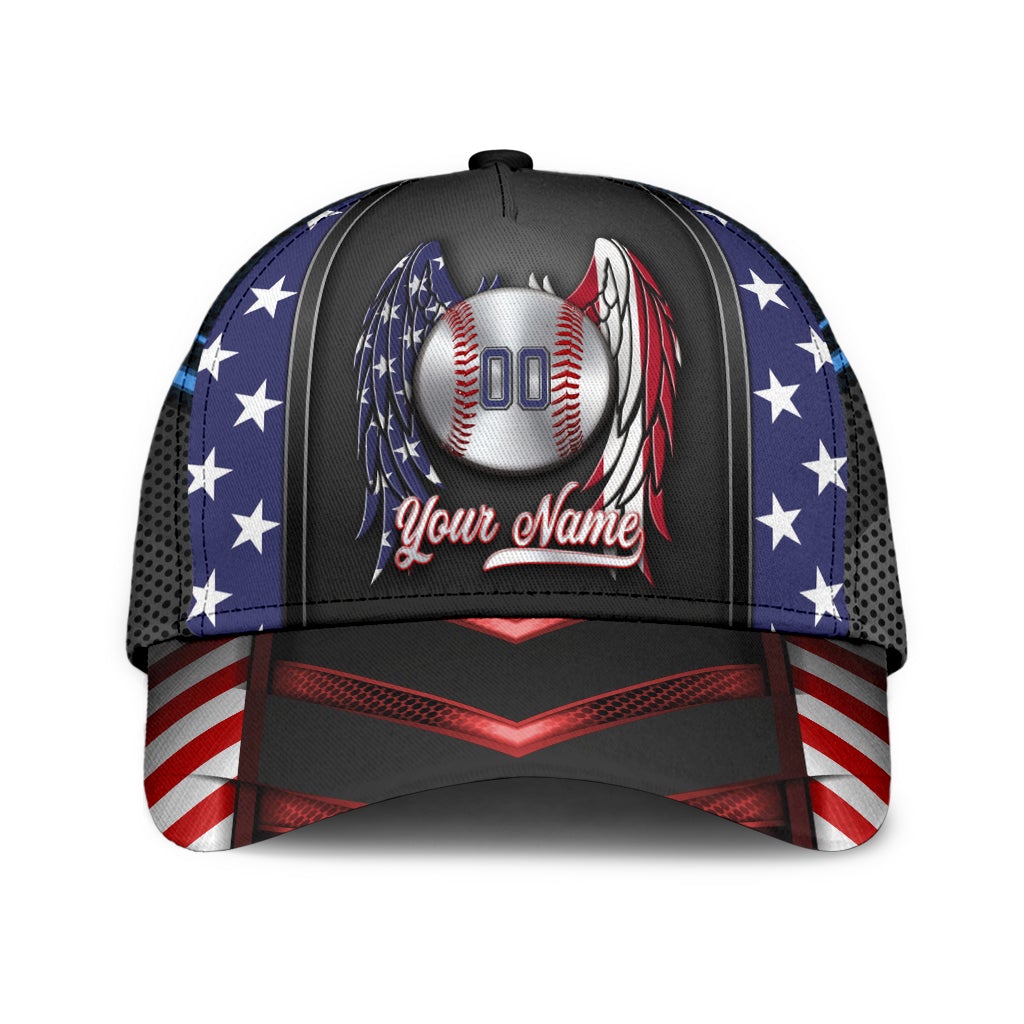 Custom Baseball Wings Flag Personalized Name Number Classic Cap For Parties Vacations And Relaxed Daily Outfits