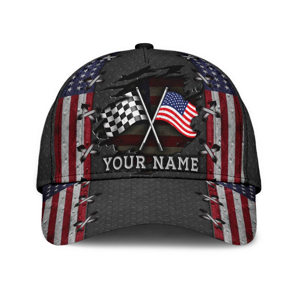 Custom Name Racing American Flag Classic Cap For Comfortable Daily Wear Travel And Weekend Outings