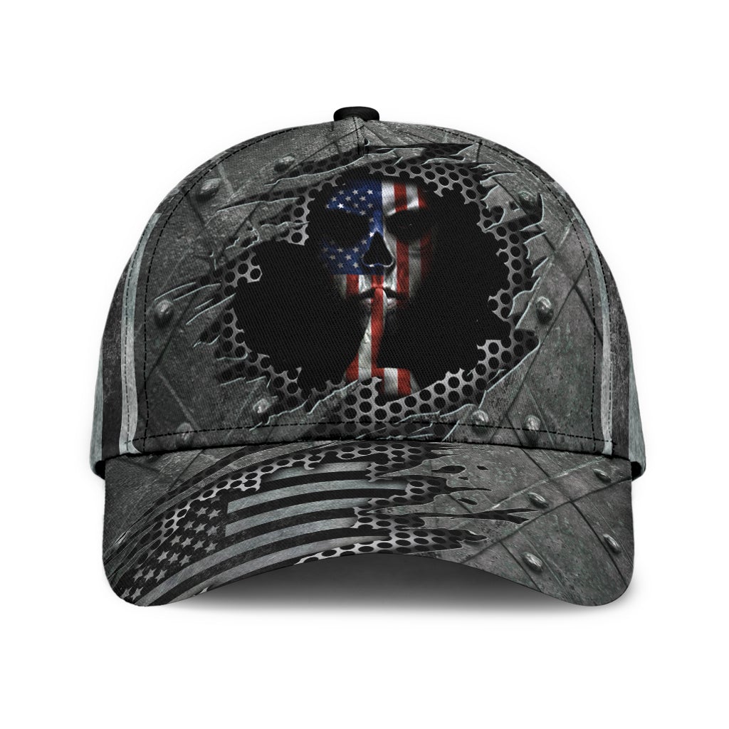Silver American Skull Metallic Classic Cap For Relaxed Daily Style Vacations And Festival Wear