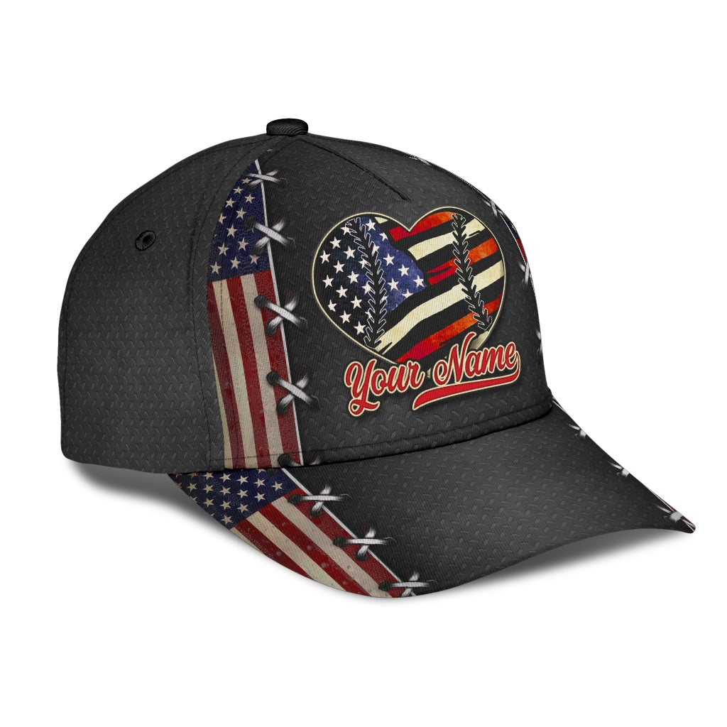 Custom Baseball Mom Heart American Flag Classic Cap For Travel Adventures Weekend Wear And Casual Style