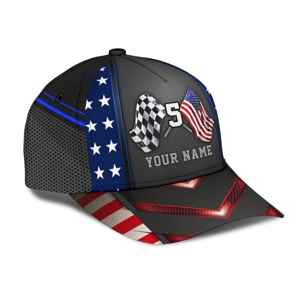 Custom Racing American Flag Name Number Classic Cap For Casual Styling Holiday Travel And Weekend Adventures