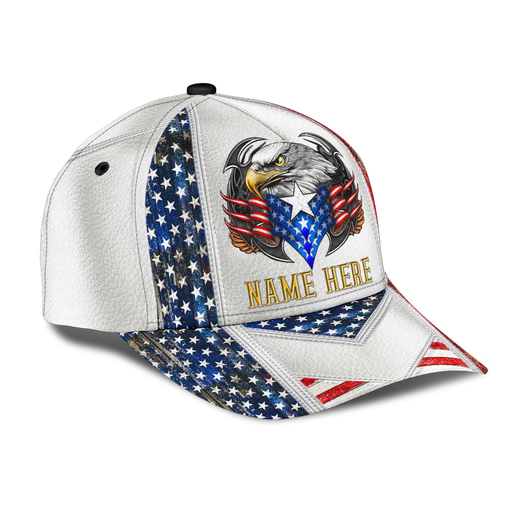 Custom Name Eagle American Flag White Classic Cap For Festivals Holidays And Comfortable Everyday Wear
