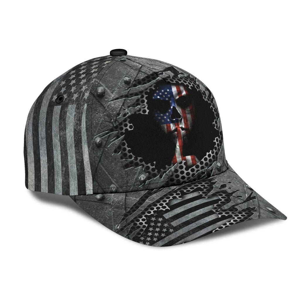 Silver American Skull Metallic Classic Cap For Relaxed Daily Style Vacations And Festival Wear