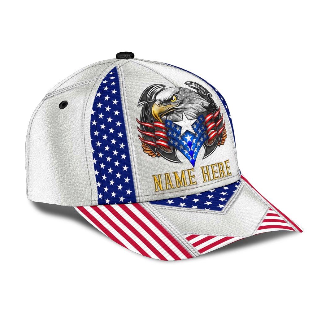Custom White Eagle American Flag Name Classic Cap For Everyday Wear Vacations And Seasonal Activities