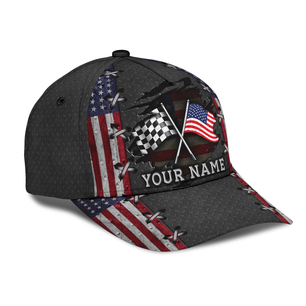 Custom Name Racing American Flag Classic Cap For Comfortable Daily Wear Travel And Weekend Outings