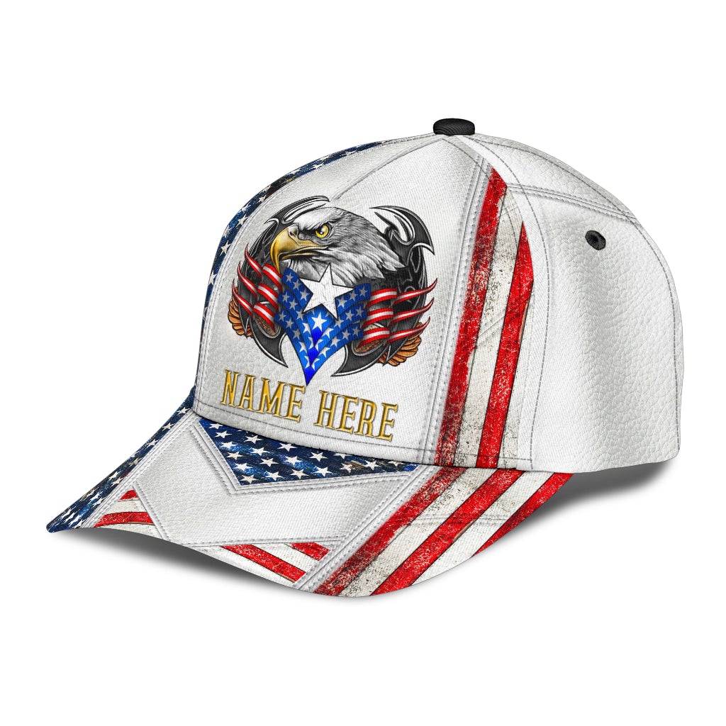 Custom Name Eagle American Flag White Classic Cap For Festivals Holidays And Comfortable Everyday Wear