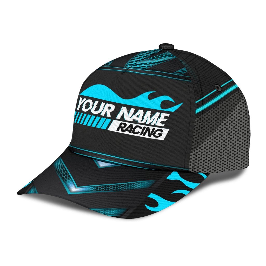 Custom Blue Neon Racing Personalized Name Classic Cap For Outdoor Events Beach Travel And Relaxed Daily Style