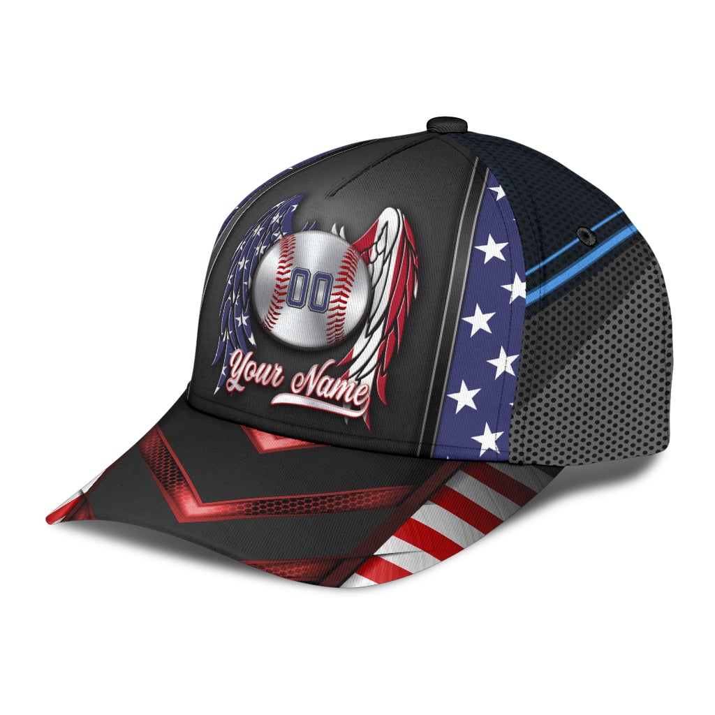 Custom Baseball Wings Flag Personalized Name Number Classic Cap For Parties Vacations And Relaxed Daily Outfits