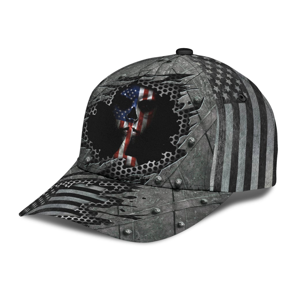 Silver American Skull Metallic Classic Cap For Relaxed Daily Style Vacations And Festival Wear