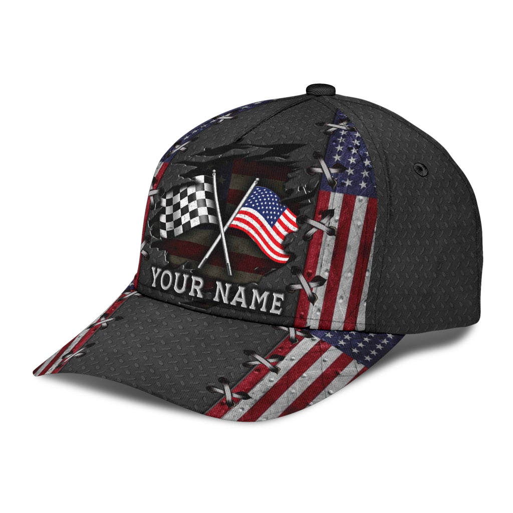 Custom Name Racing American Flag Classic Cap For Comfortable Daily Wear Travel And Weekend Outings