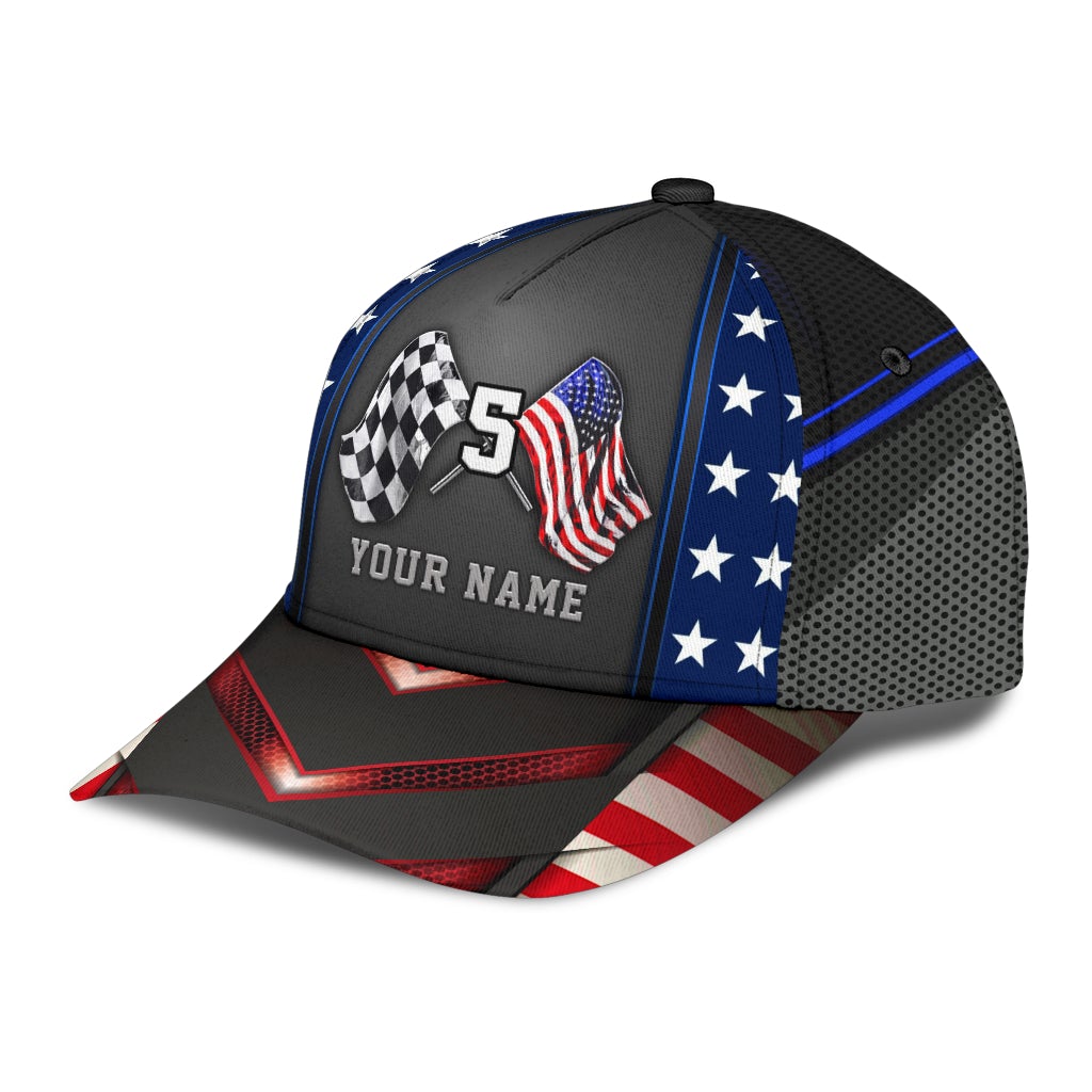Custom Racing American Flag Name Number Classic Cap For Casual Styling Holiday Travel And Weekend Adventures