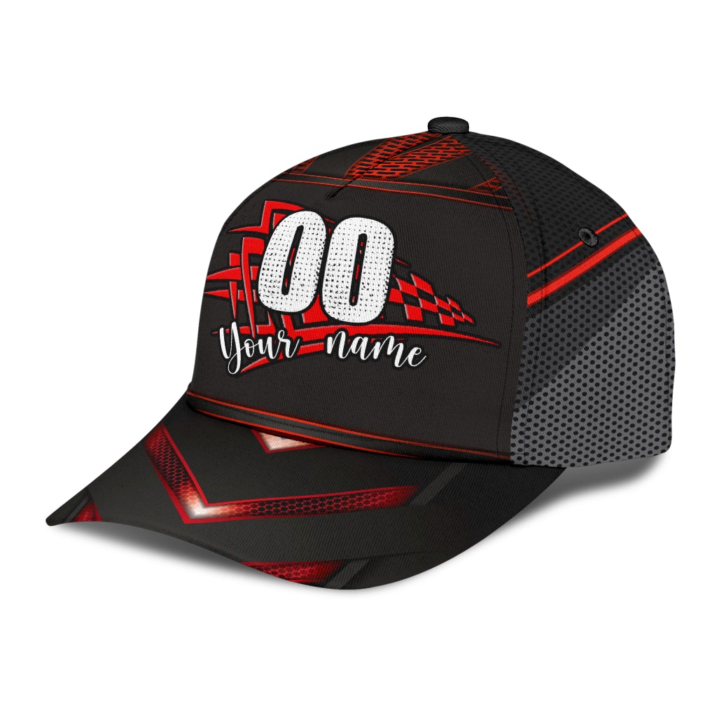 Custom Red Checked Racing Personalized Name Number Classic Cap For Weekend Travel Outdoor Events And Casual Outfits