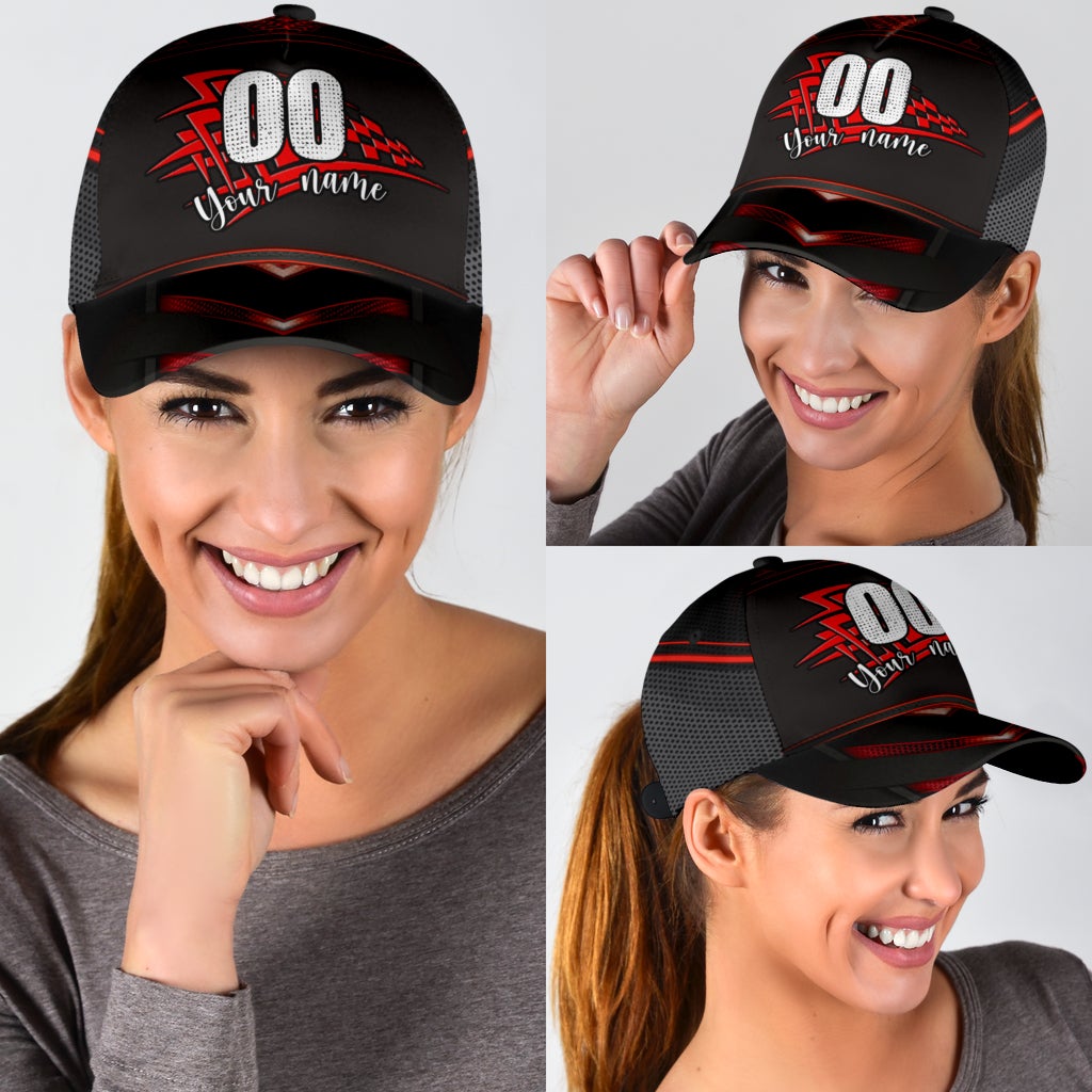 Custom Red Checked Racing Personalized Name Number Classic Cap For Weekend Travel Outdoor Events And Casual Outfits