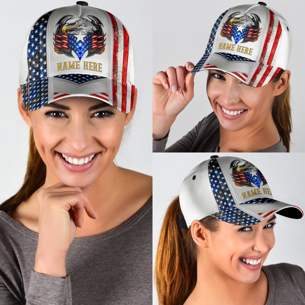 Custom Name Eagle American Flag White Classic Cap For Festivals Holidays And Comfortable Everyday Wear
