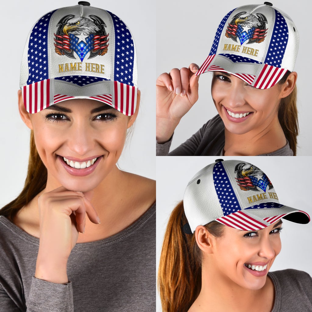 Custom White Eagle American Flag Name Classic Cap For Everyday Wear Vacations And Seasonal Activities