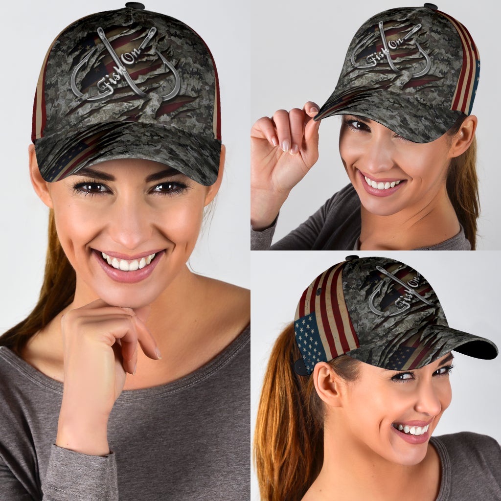 Fish On Camouflage Fishing Classic Cap For Festivals Travel Adventures And Casual Gift Giving
