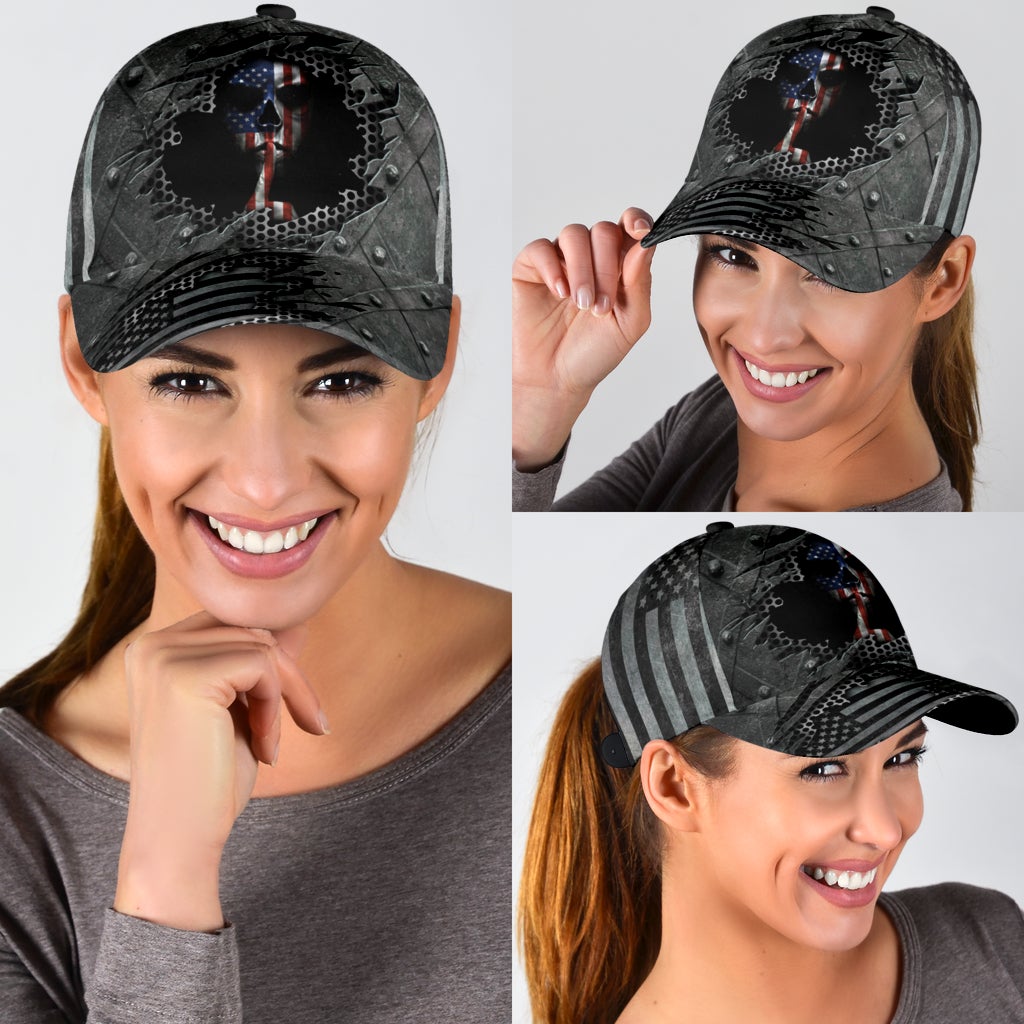 Silver American Skull Metallic Classic Cap For Relaxed Daily Style Vacations And Festival Wear
