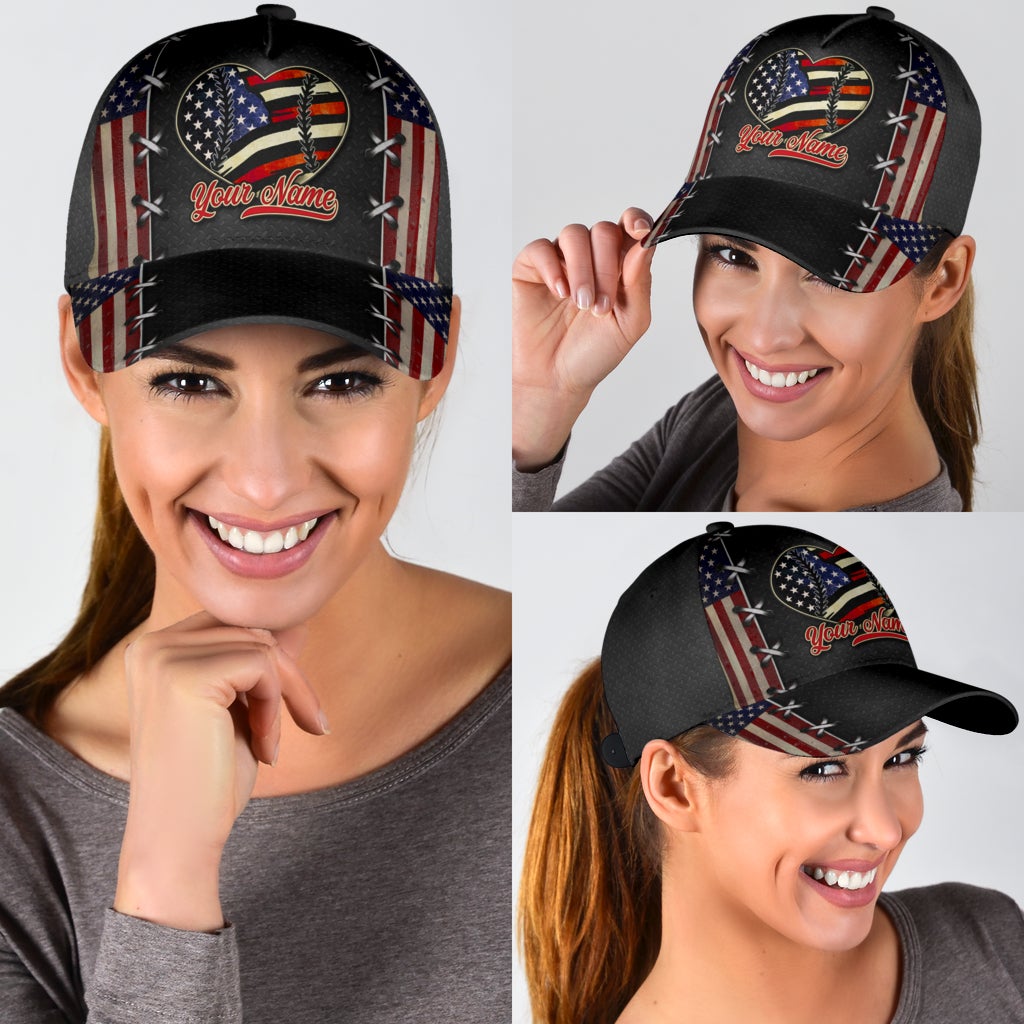 Custom Baseball Mom Heart American Flag Classic Cap For Travel Adventures Weekend Wear And Casual Style