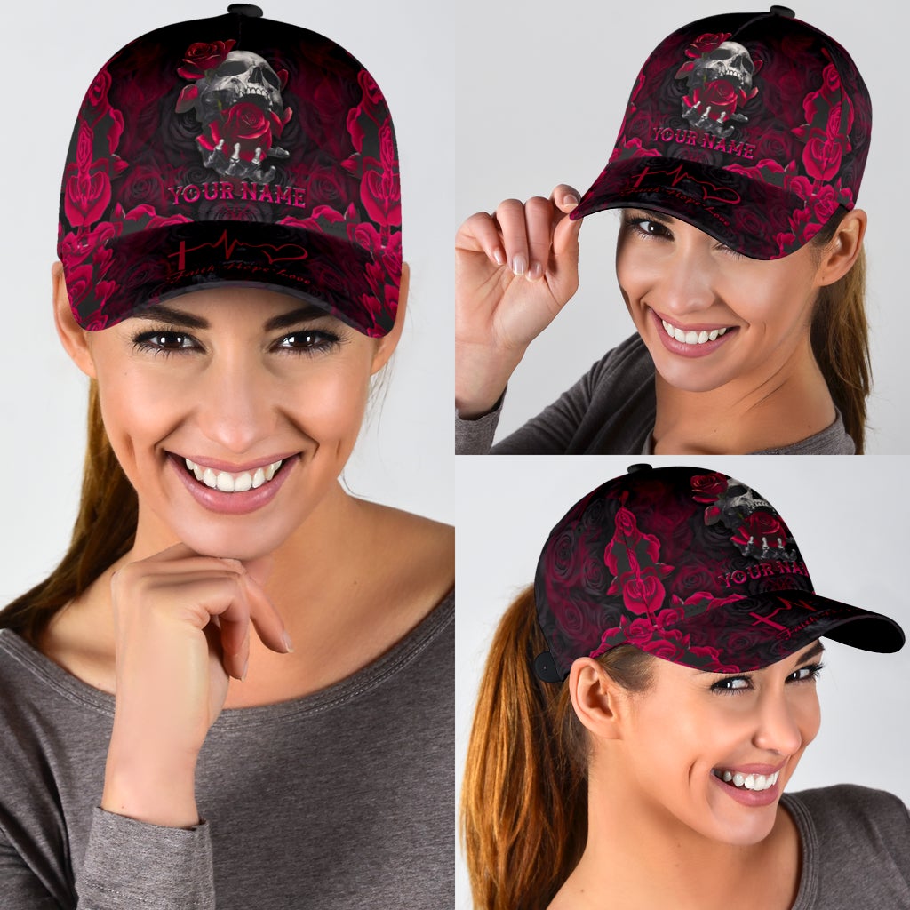 Custom Skull Roses Faith Hope Love Classic Cap For Daily Comfort Outdoor Fun And Weekend Vacations