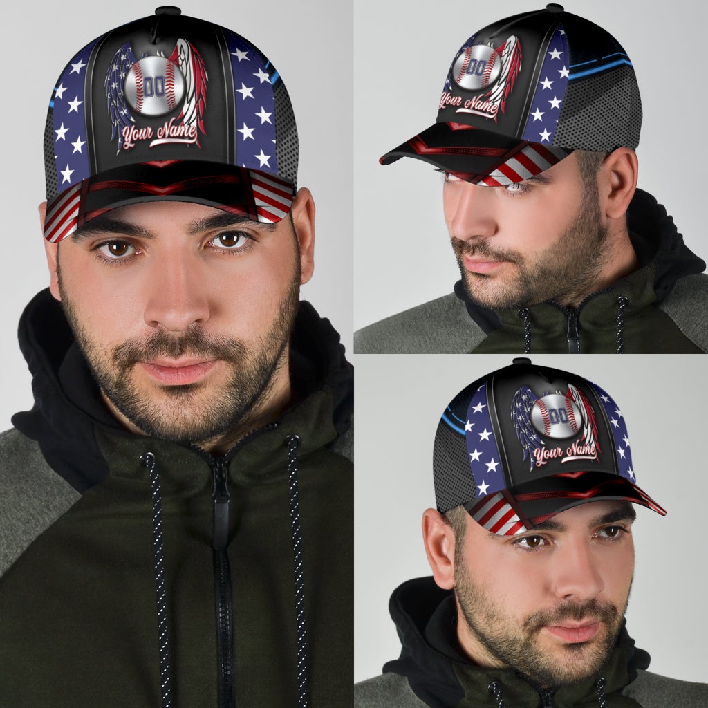 Custom Baseball Wings Flag Personalized Name Number Classic Cap For Parties Vacations And Relaxed Daily Outfits