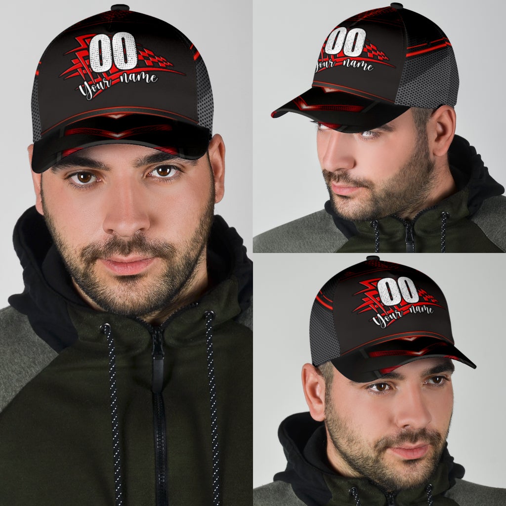 Custom Red Checked Racing Personalized Name Number Classic Cap For Weekend Travel Outdoor Events And Casual Outfits