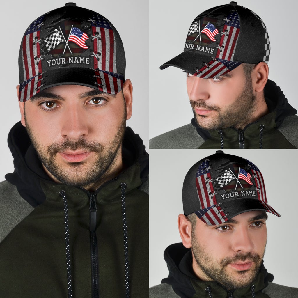 Custom Name Racing American Flag Classic Cap For Comfortable Daily Wear Travel And Weekend Outings