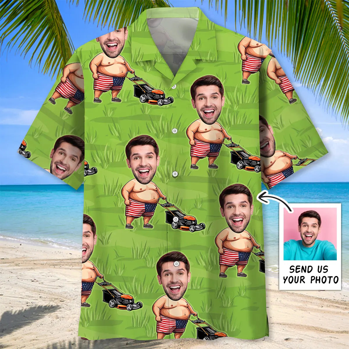 American Funny Lawn Mower Personalized Photo Face Hawaiian Shirt For Summer Vacation, Beach Travel, And Casual Wear