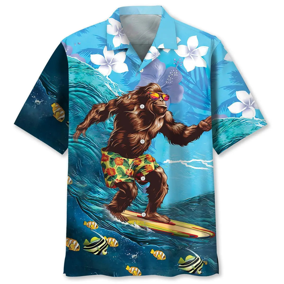 Funny Bigfoot Surfing Hibiscus Hawaiian Shirt For Active Holidays, Resort Trips, And Warm Weather Gatherings