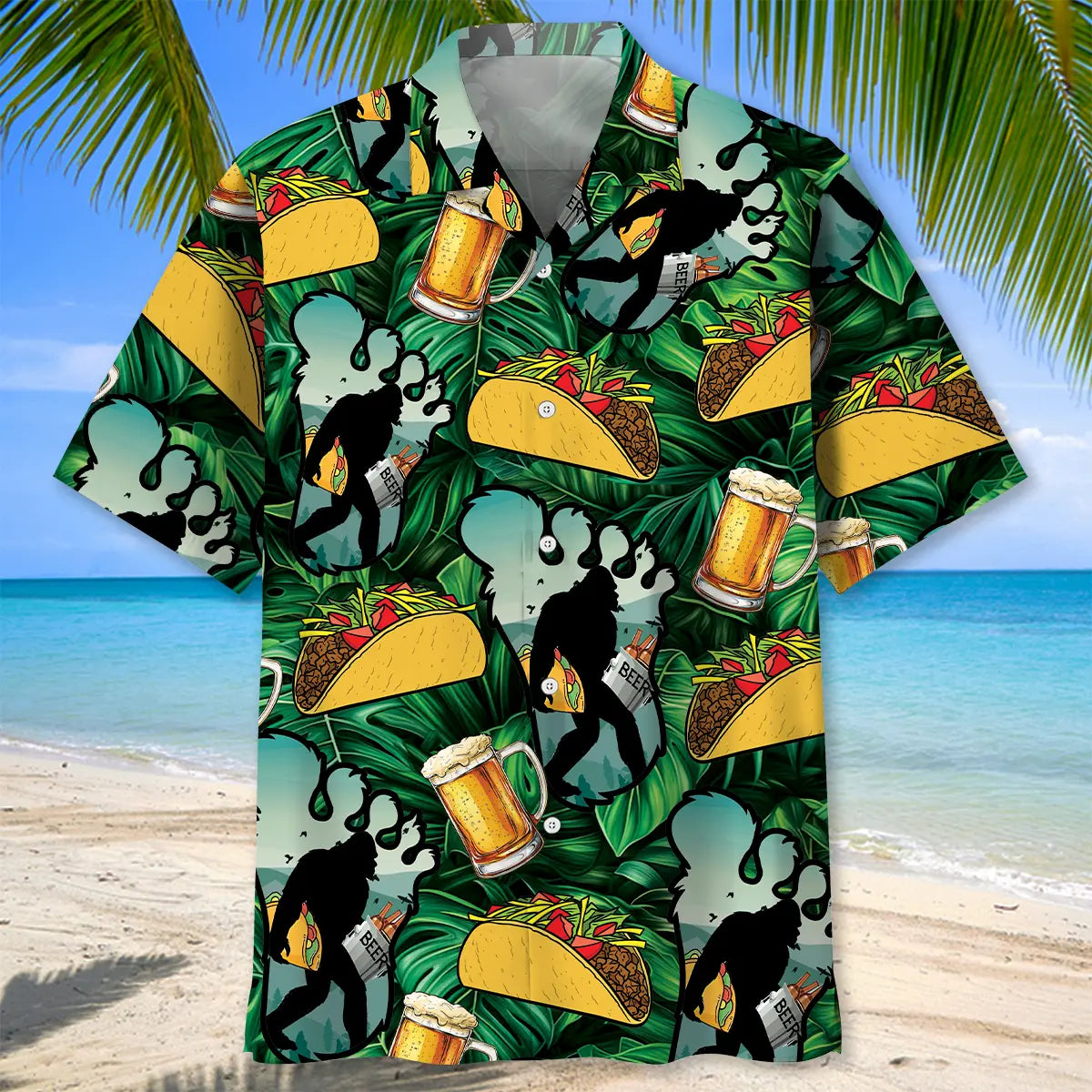 Funny Bigfoot Tacos And Campfire Hawaiian Shirt For Coastal Adventure, Outdoor Event, And Seasonal Wardrobe