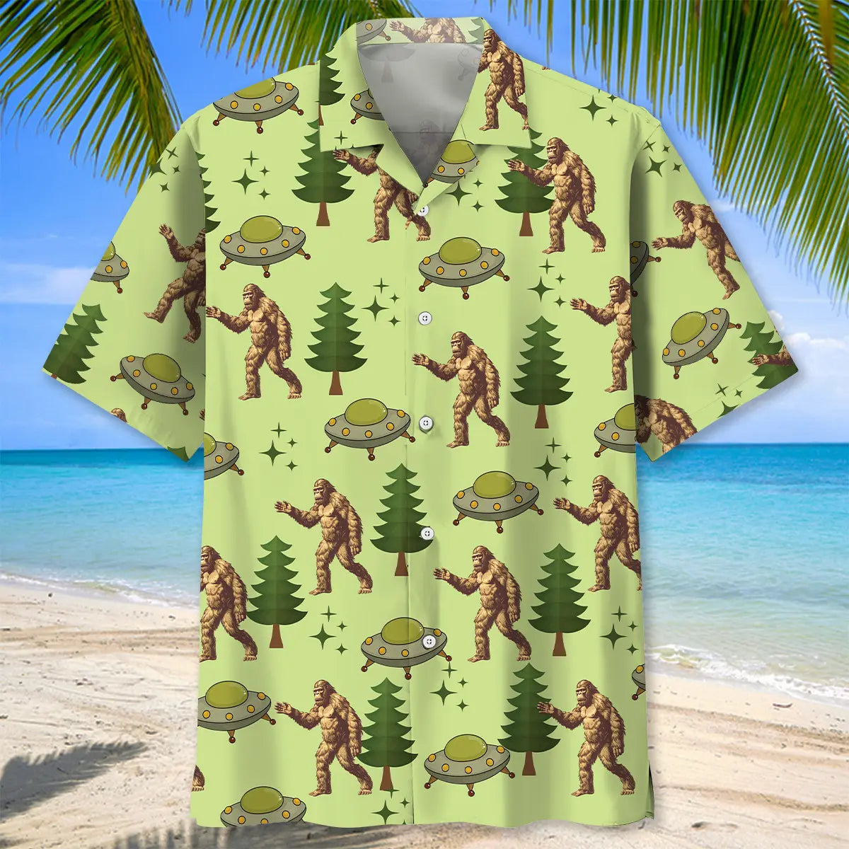 Funny Bigfoot UFO Hawaiian Shirt For Animal Lovers, Beach Travel, And Casual Summer Style