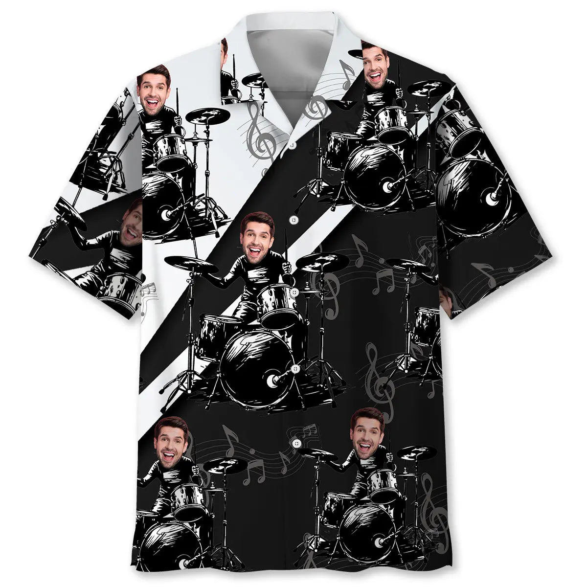 Funny Black White Personalized Photo Face Drum Hawaiian Shirt For Music Fans, Resort Parties, And Warm Weather Events