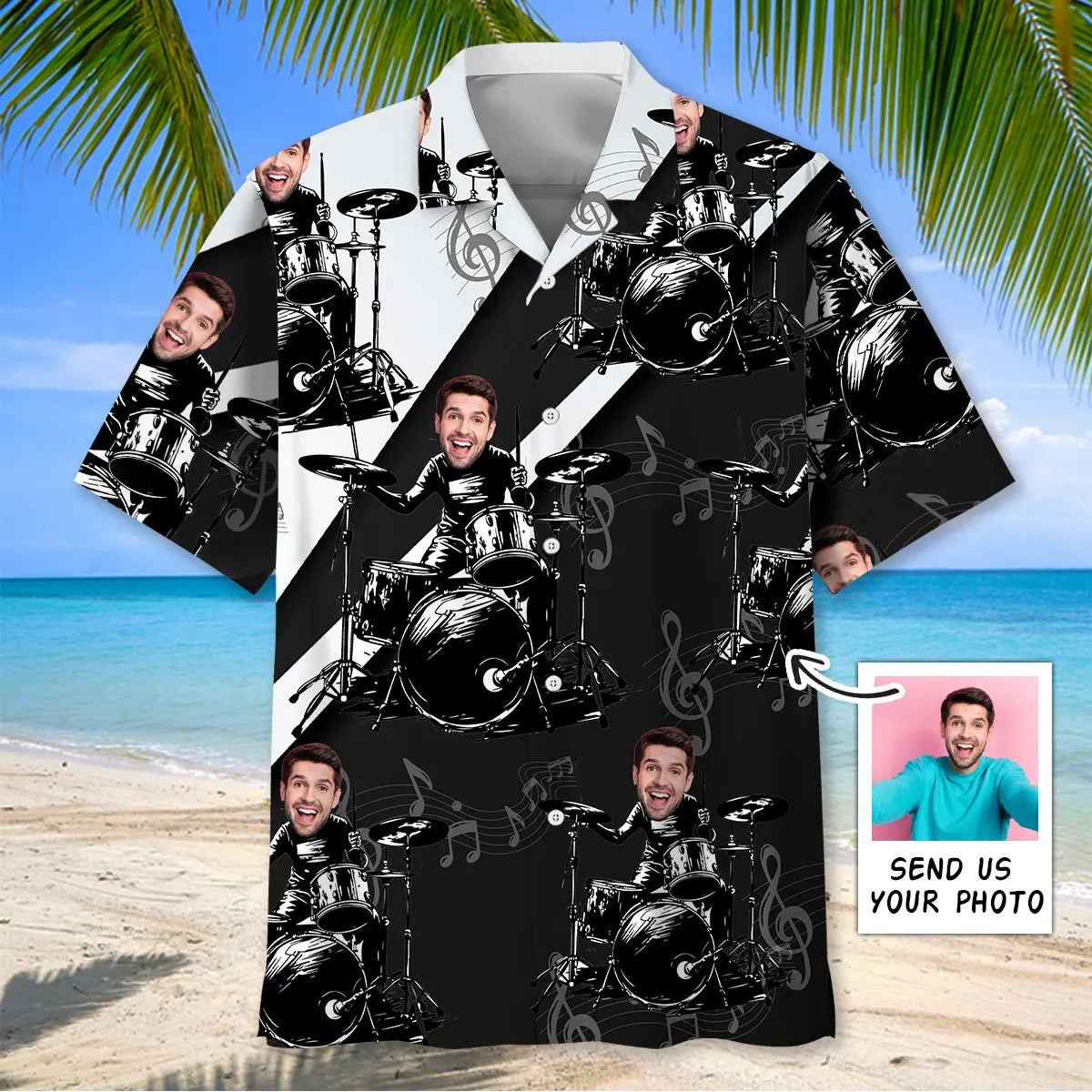 Funny Black White Personalized Photo Face Drum Hawaiian Shirt For Music Fans, Resort Parties, And Warm Weather Events