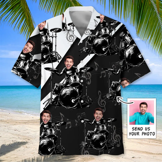 Funny Black White Personalized Photo Face Drum Hawaiian Shirt For Music Fans, Resort Parties, And Warm Weather Events