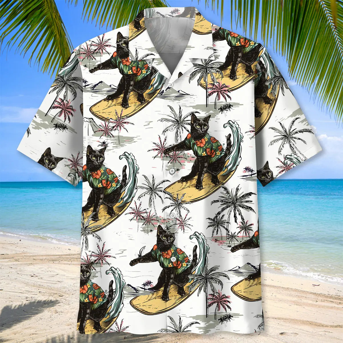 Funny Black Cat Surfing Hawaiian Shirt For Island Vacations, Resort Wear, And Relaxed Seasonal Style