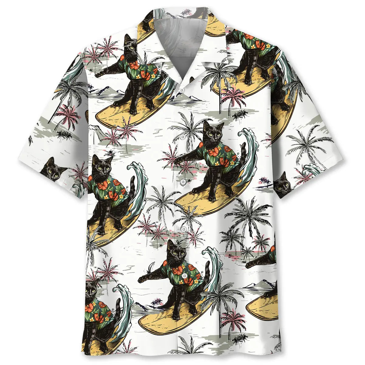 Funny Black Cat Surfing Hawaiian Shirt For Island Vacations, Resort Wear, And Relaxed Seasonal Style