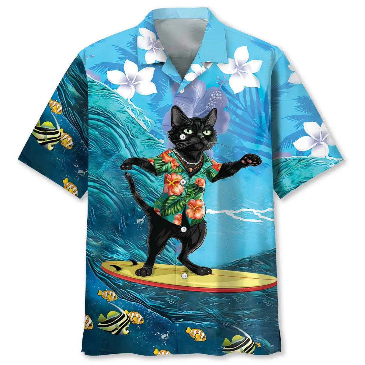 Funny Black Cat Surfing Hibiscus Hawaiian Shirt For Sports Fans, Summer Outings, And Relaxed Vacation Wear