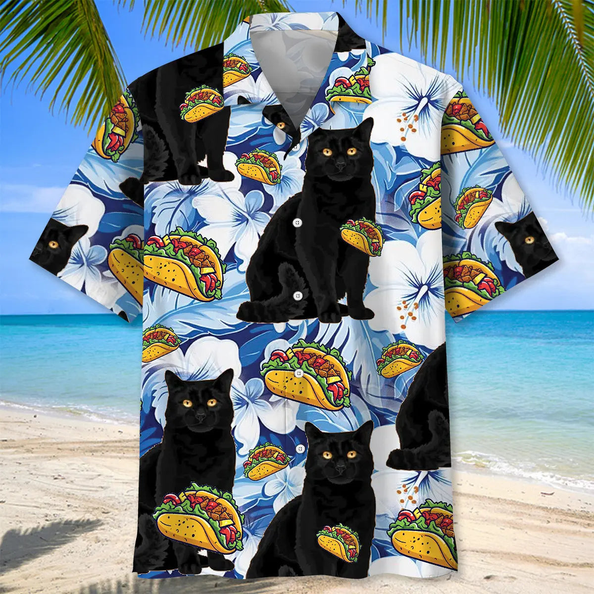 Funny Black Cat Taco Blue Hawaiian Shirt For Island Vacations, Weekend Events, And Relaxed Everyday Outfits