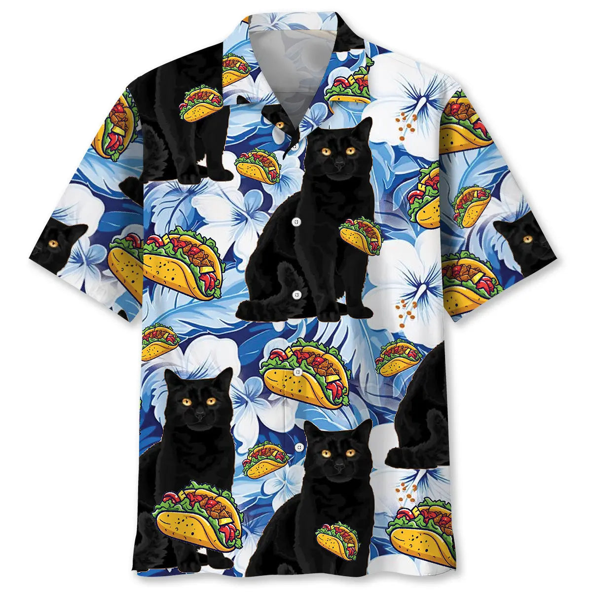 Funny Black Cat Taco Blue Hawaiian Shirt For Island Vacations, Weekend Events, And Relaxed Everyday Outfits