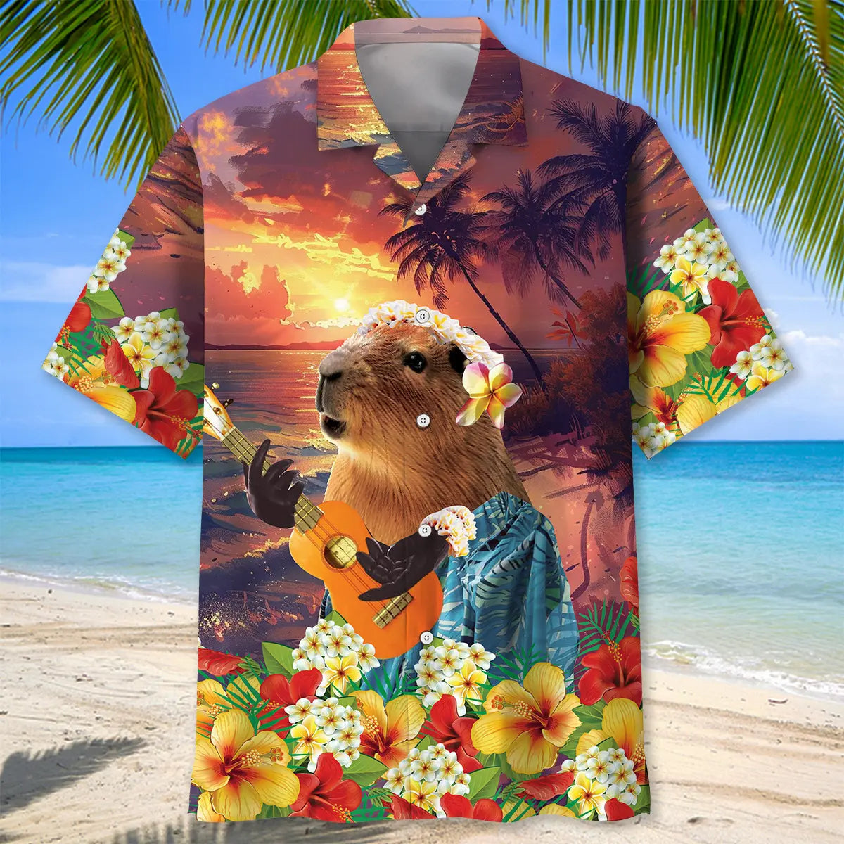 Funny Capybara Guitar Hawaiian Shirt For Coastal Travel, Casual Events, And Comfortable Summer Wear
