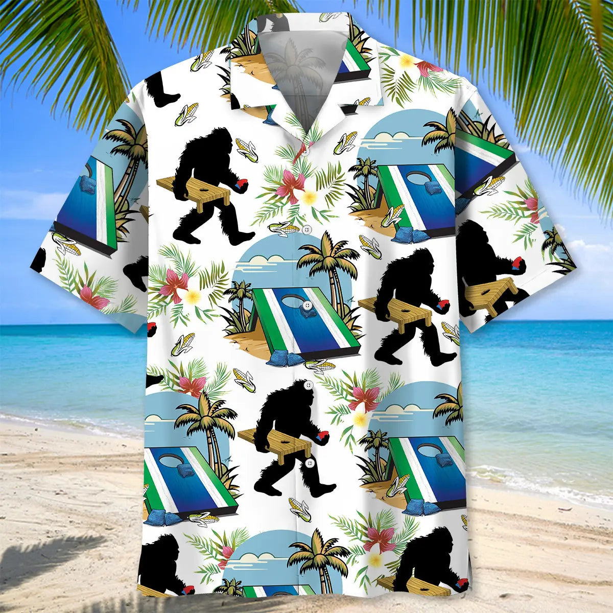 Funny Cornhole Bigfoot Hawaiian Shirt For Beach Days, Summer Outings, And Thoughtful Gift Giving