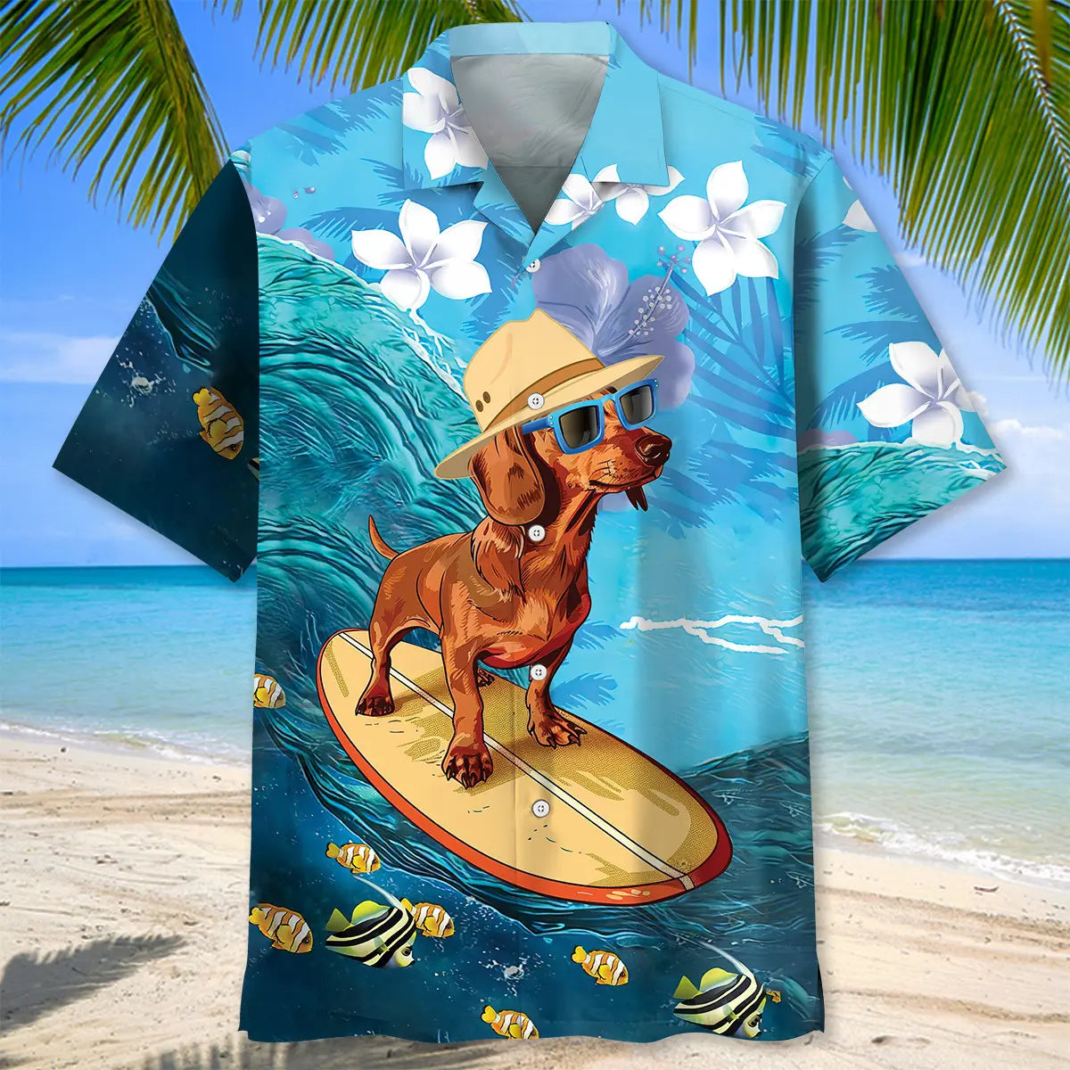 Funny Dachshund Surfing Hibiscus Hawaiian Shirt For Beach Days, Weekend Events, And Thoughtful Gift Giving