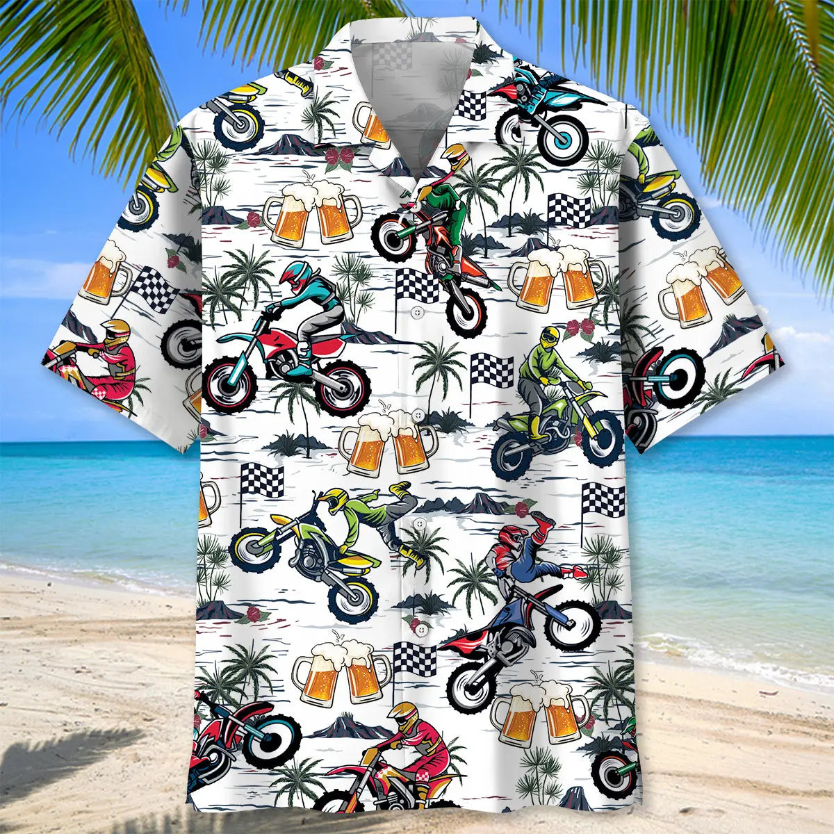 Funny Dirt Bike Racing And Refreshment Hawaiian Shirt For Outdoor Event, Warm Weather Outing, And Coastal Style
