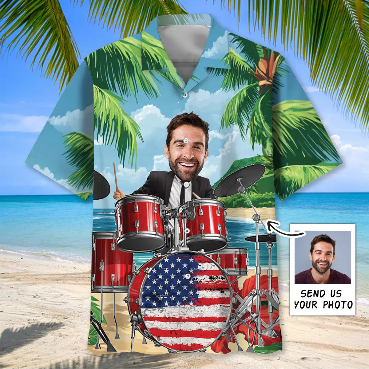 Funny Drum Beach Personalized Photo Hawaiian Shirt For Creative Performers, Coastal Trips, And Casual Everyday Wear