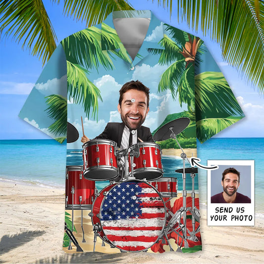 Funny Drum Beach Personalized Photo Hawaiian Shirt For Creative Performers, Coastal Trips, And Casual Everyday Wear