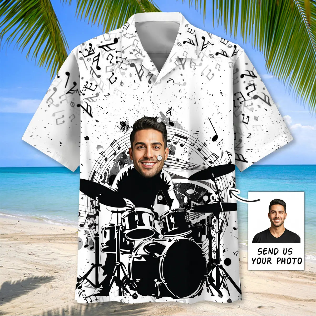 Funny Drum Black White Personalized Photo Hawaiian Shirt For Coastal Travel, Casual Events, And Comfortable Summer Wear