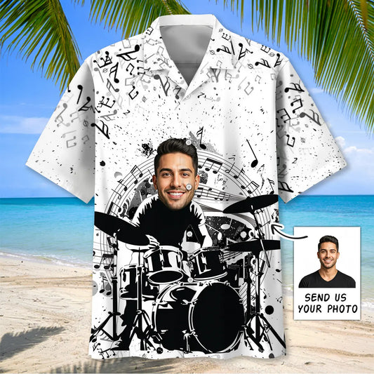 Funny Drum Black White Personalized Photo Hawaiian Shirt For Coastal Travel, Casual Events, And Comfortable Summer Wear