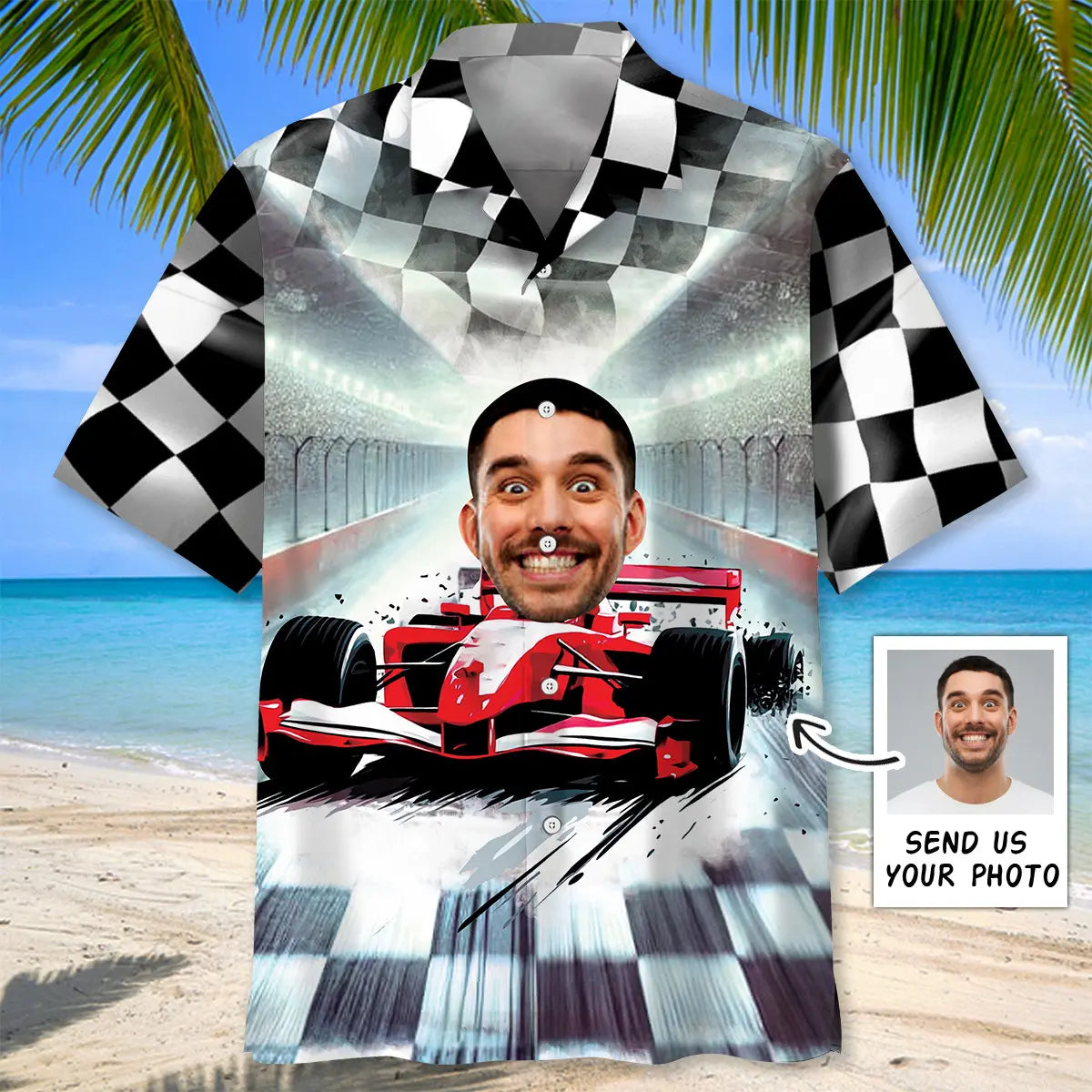 Funny Open Wheel Racing Car Personalized Photo Hawaiian Shirt For Summer Vacation, Beach Travel, And Casual Wear