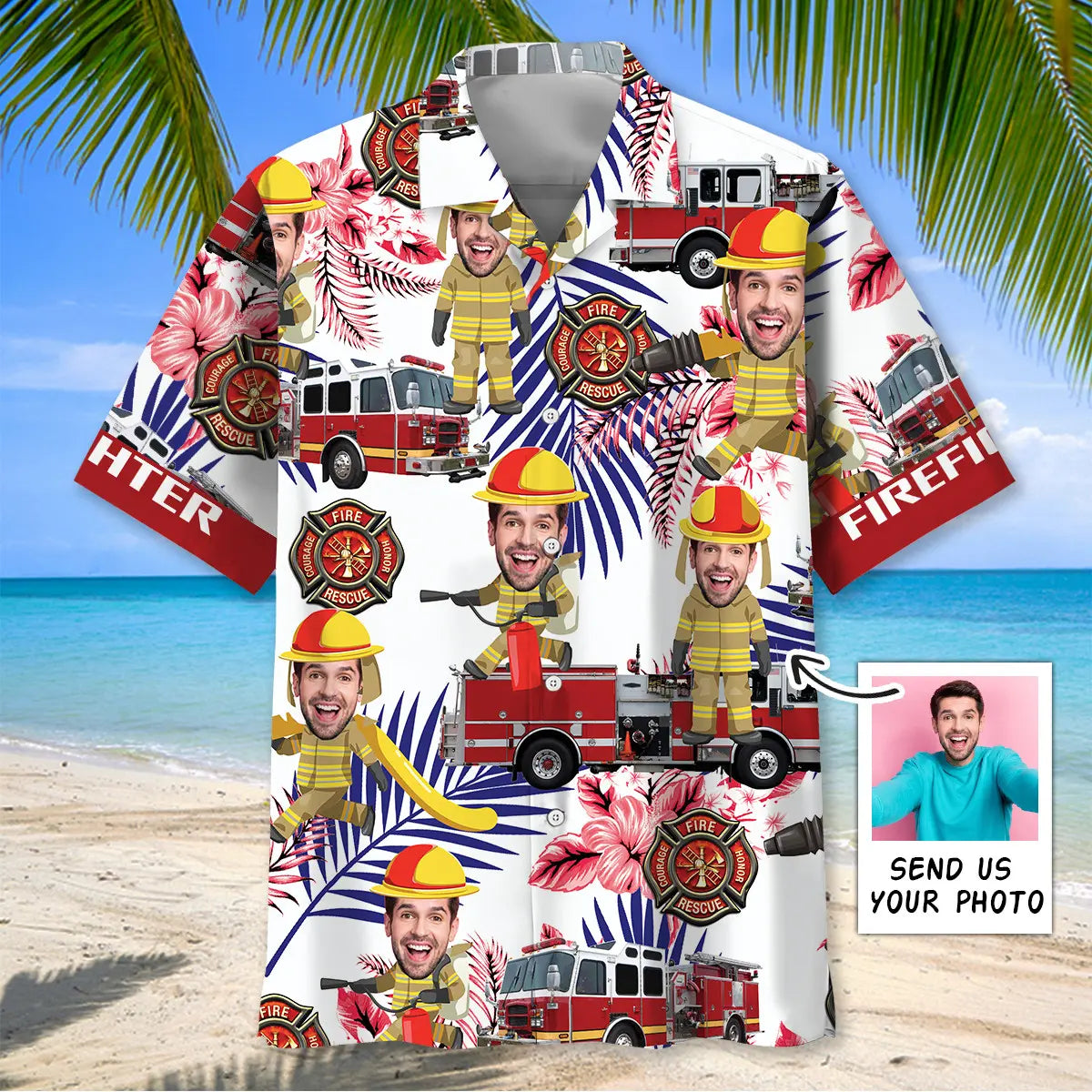 Funny Firefighter Nature Personalized Photo Face Hawaiian Shirt For Summer Vacation, Beach Travel, And Casual Wear