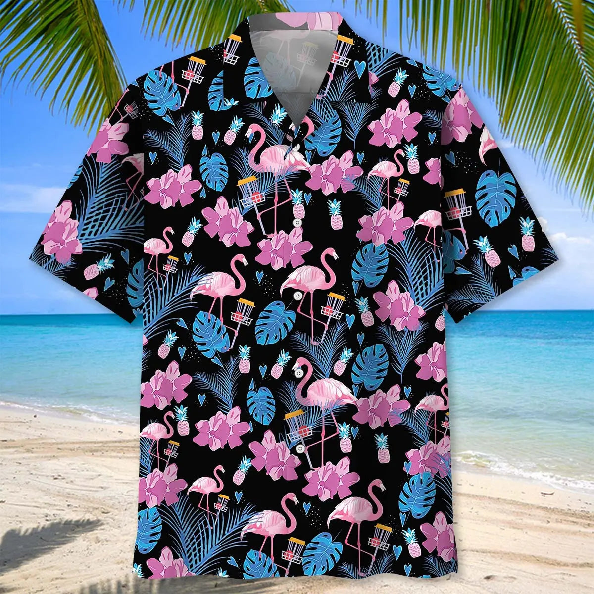 Funny Flamingo Disc Golf Hawaiian Shirt For Summer Vacation, Beach Travel, And Casual Wear