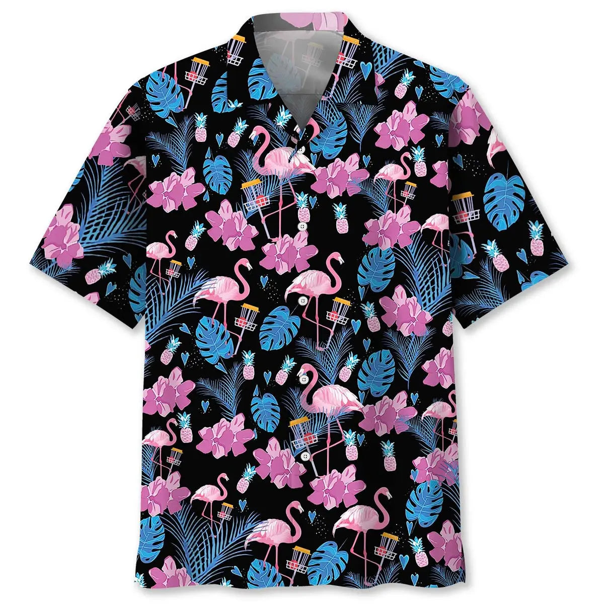 Funny Flamingo Disc Golf Hawaiian Shirt For Summer Vacation, Beach Travel, And Casual Wear